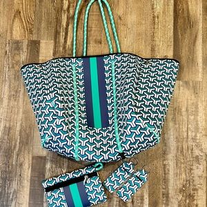 Neoprene Navy White Aqua Nautical Large Beach Diaper Bag Tote Weekender Purse